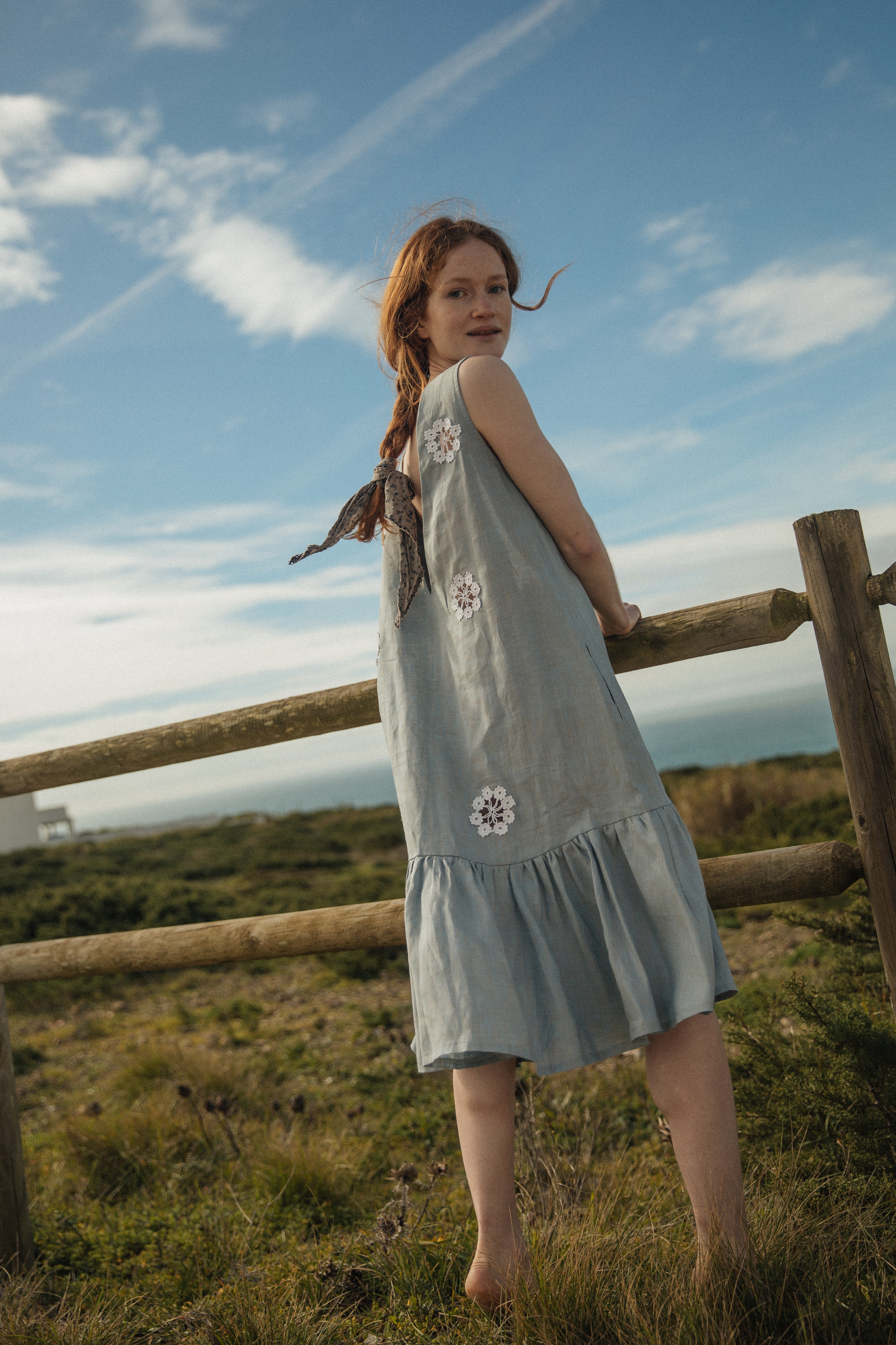 Backless Linen Dress with Crocheted Flower Details - DEISY_1