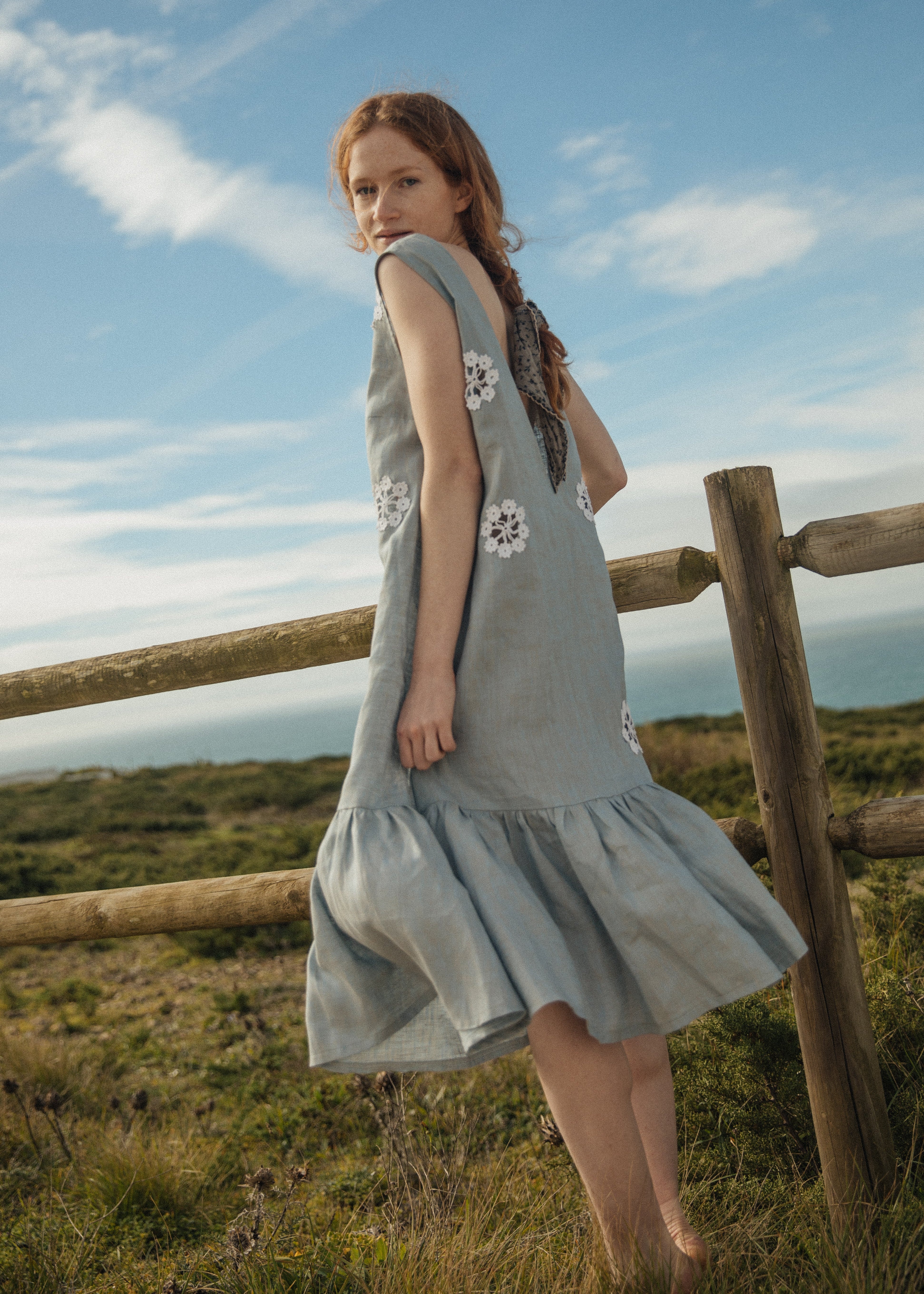 Backless Linen Dress with Crocheted Flower Details - DEISY_4