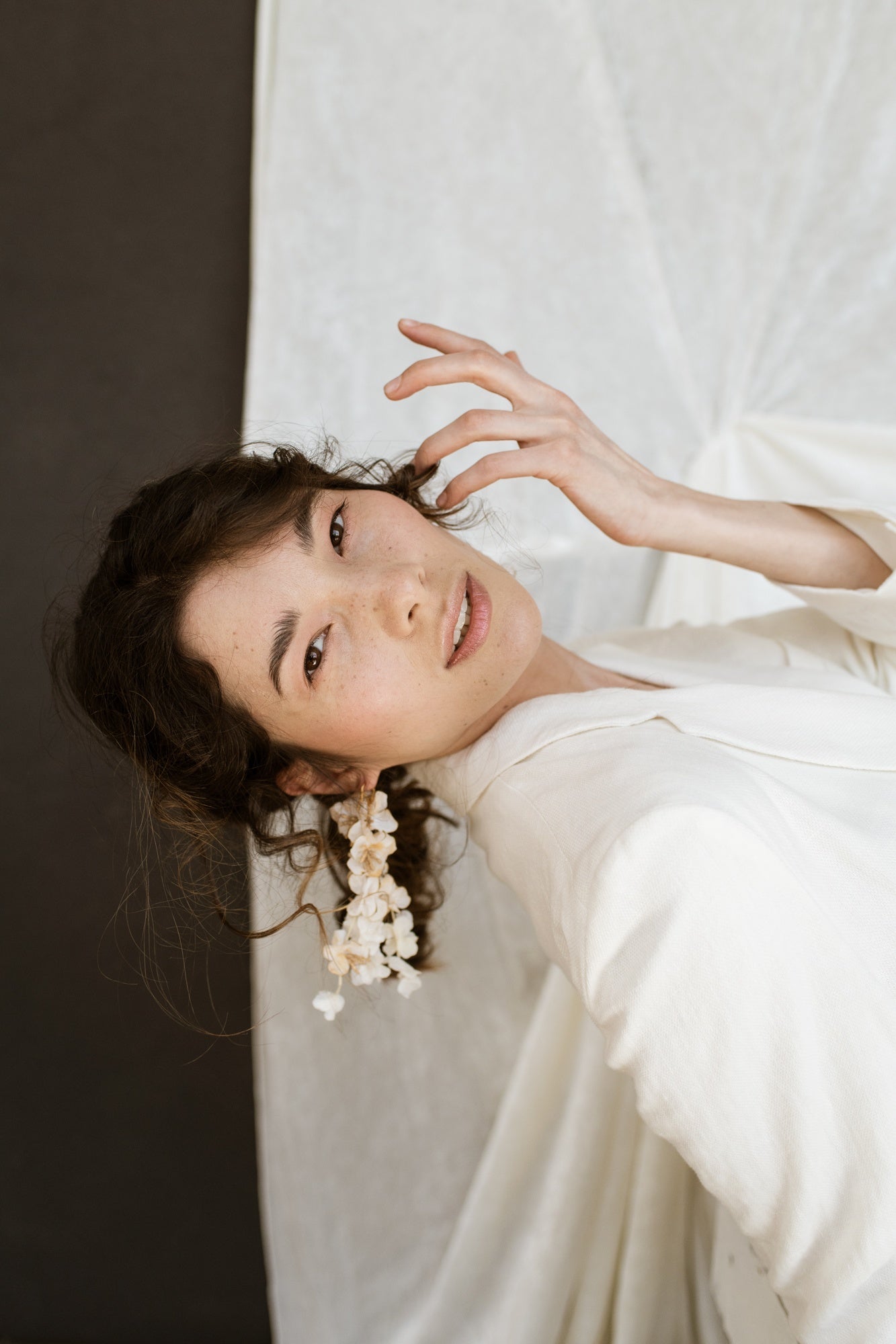 Impressive Light Gold and White Silk Flower Earrings-2 - MajulaHandmade