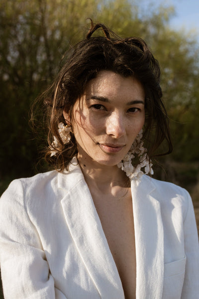 Impressive Light Gold and White Silk Flower Earrings - MajulaHandmade