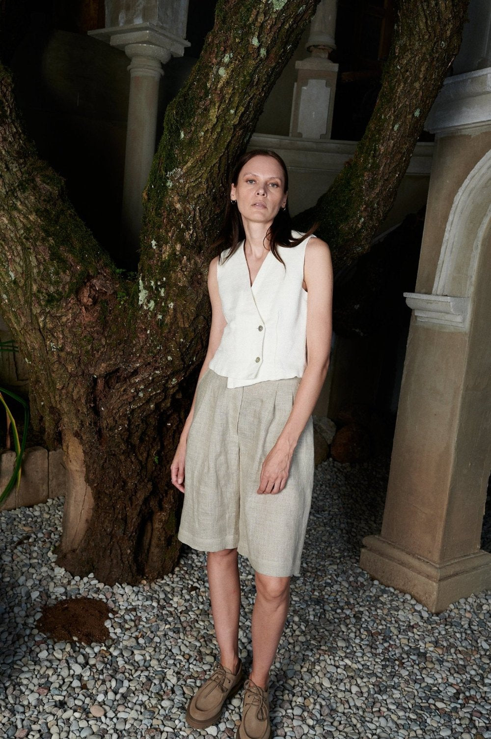 Knee-Length Pleated Linen Shorts-1 - MajulaHandmade