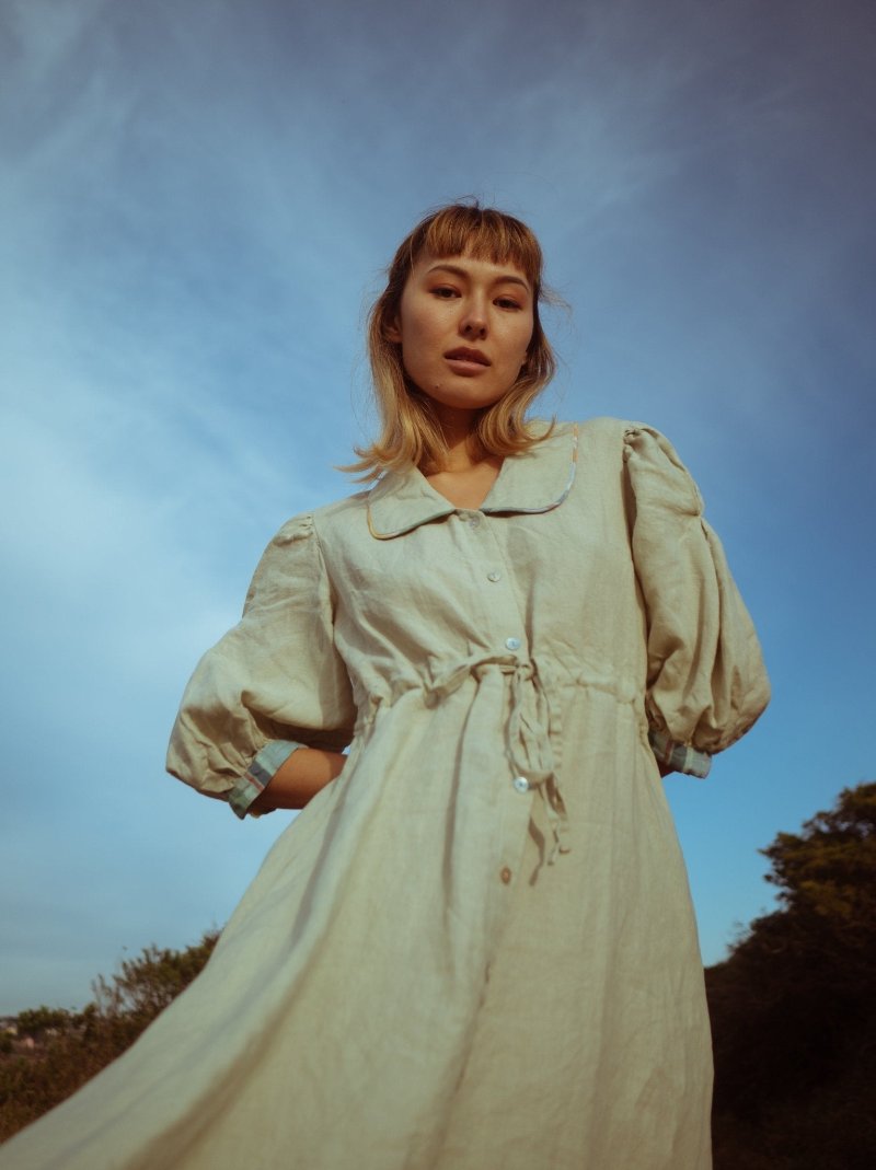 Long linen pale moss dress - CLARABELLE-2- MajulaHandmade