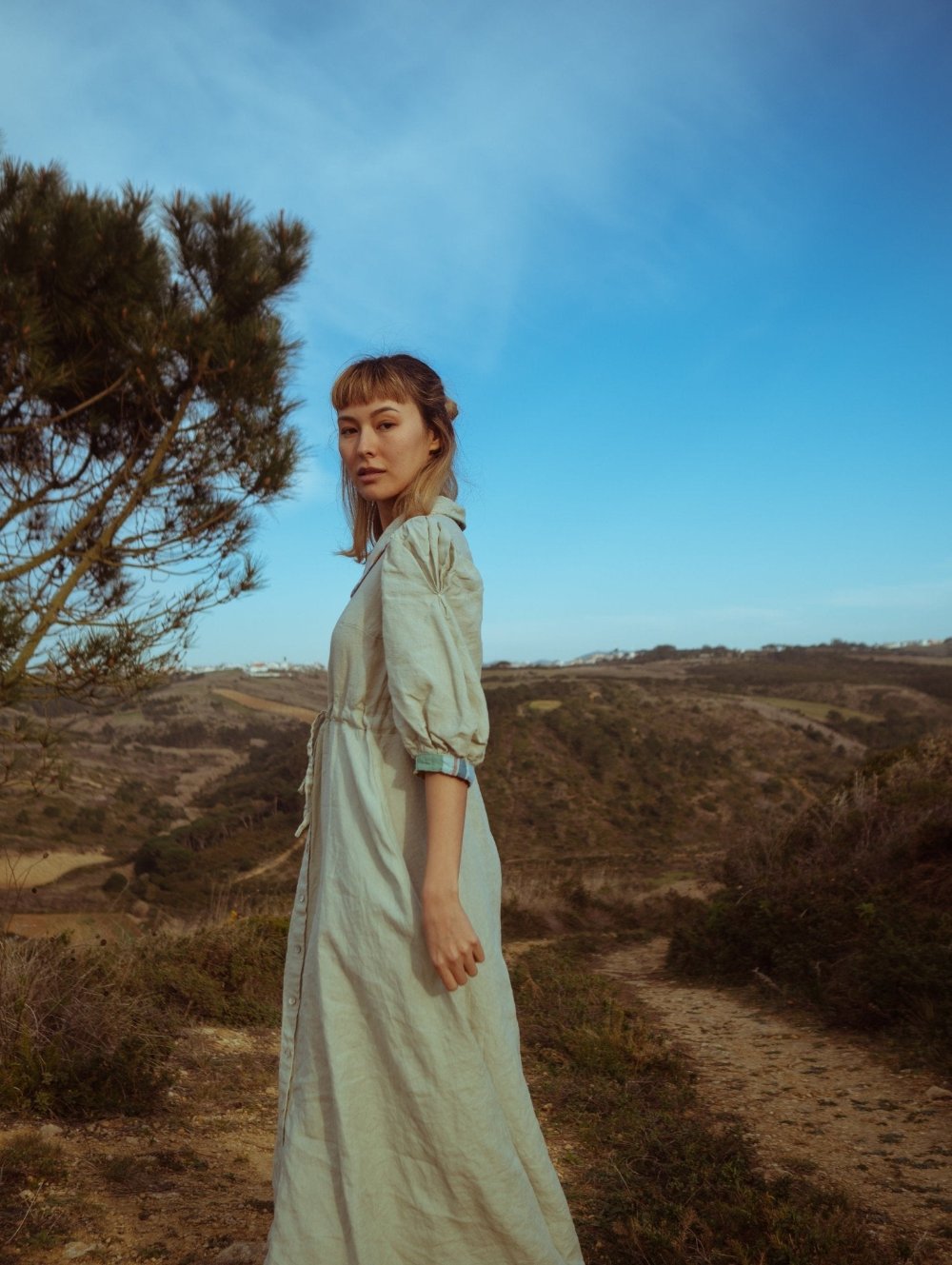 Long linen pale moss dress -4- CLARABELLE - MajulaHandmade