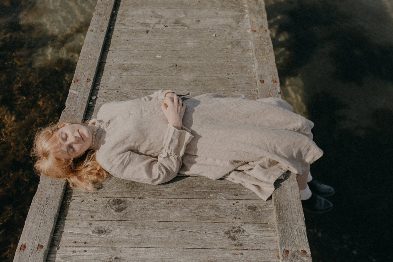 Midi linen dress with the ruffle collar - DALI-3 - MajulaHandmade