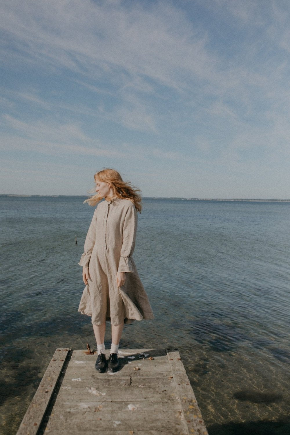 Midi linen dress with the ruffle collar - DALI-6- MajulaHandmade