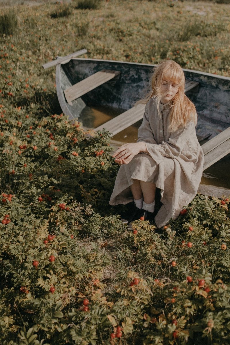 Midi linen dress with the ruffle collar - DALI-1- MajulaHandmade