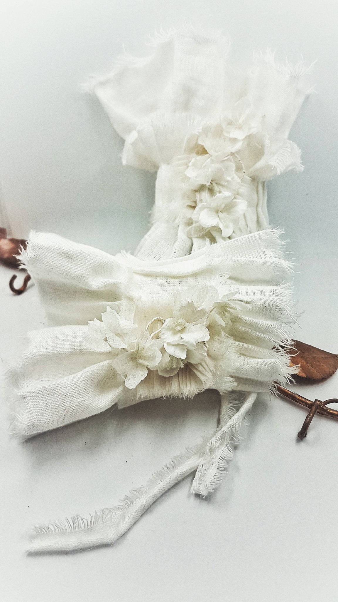 Romantic Linen Cuffs with Silk Flower Brooches-3 - MajulaHandmade