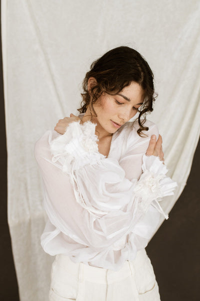 Romantic Linen Cuffs with Silk Flower Brooches - MajulaHandmade