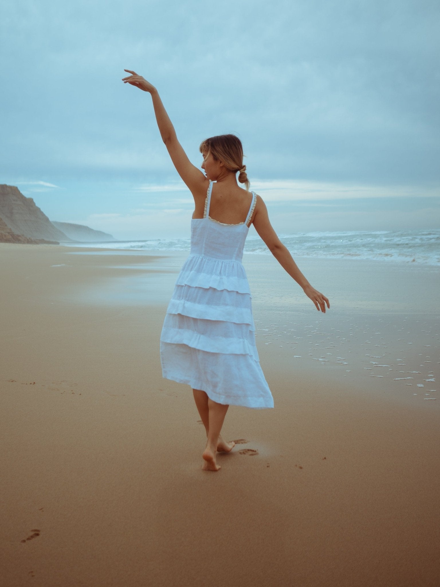 Romantic White Linen Dress with Lace and Frills - DIVA-1- MajulaHandmade