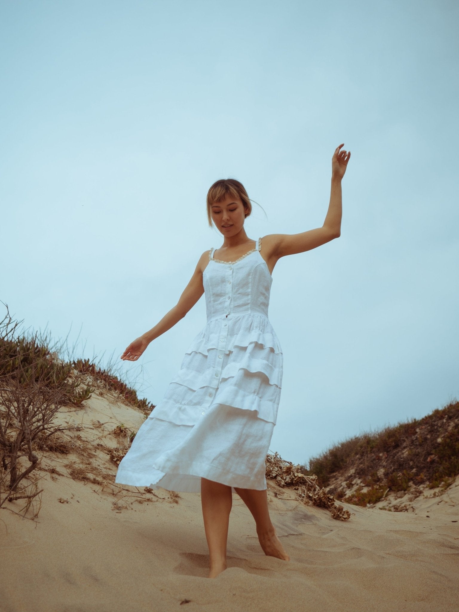 Romantic White Linen Dress with Lace and Frills - DIVA-4 - MajulaHandmade