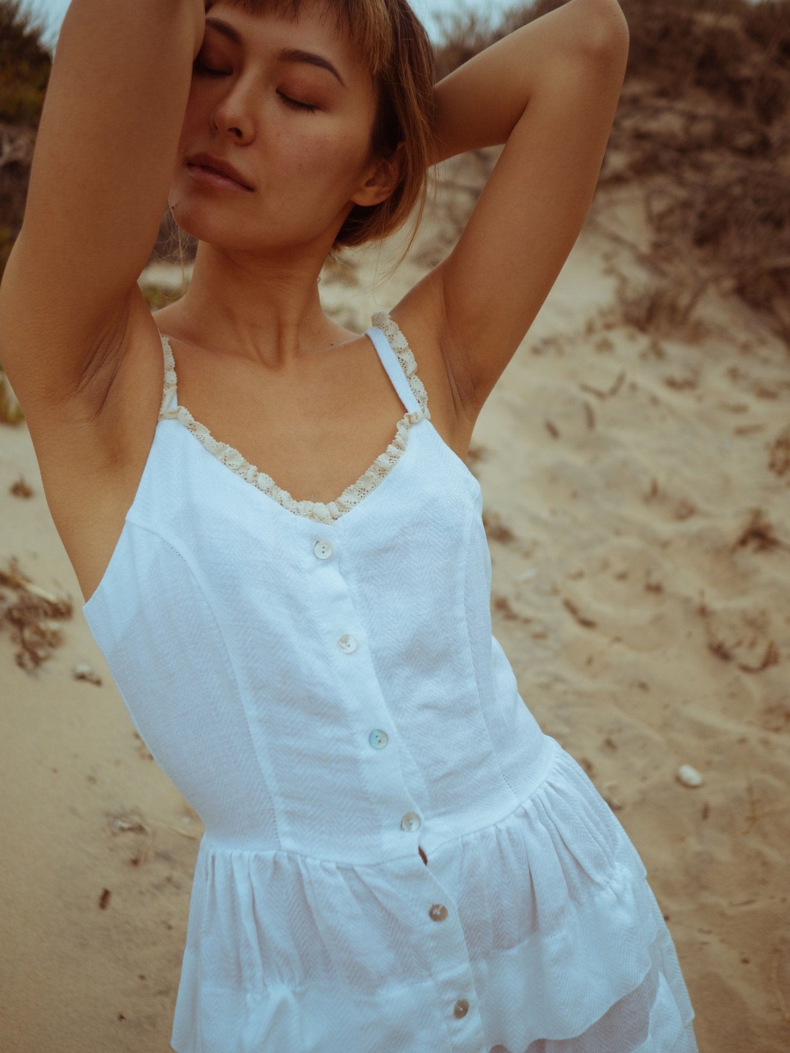 Romantic White Linen Dress with Lace and Frills - DIVA-5 - MajulaHandmade
