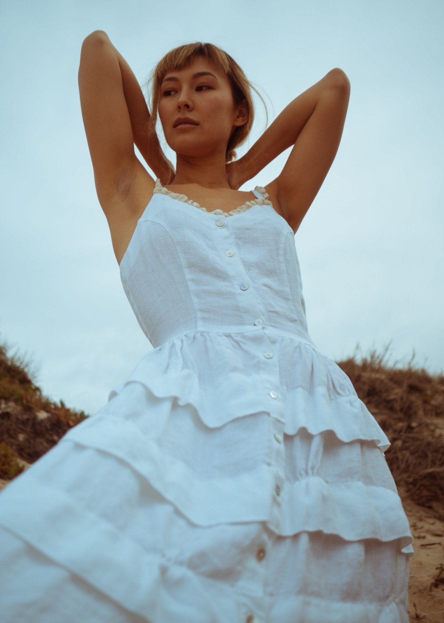 Romantic White Linen Dress with Lace and Frills - DIVA- MajulaHandmade