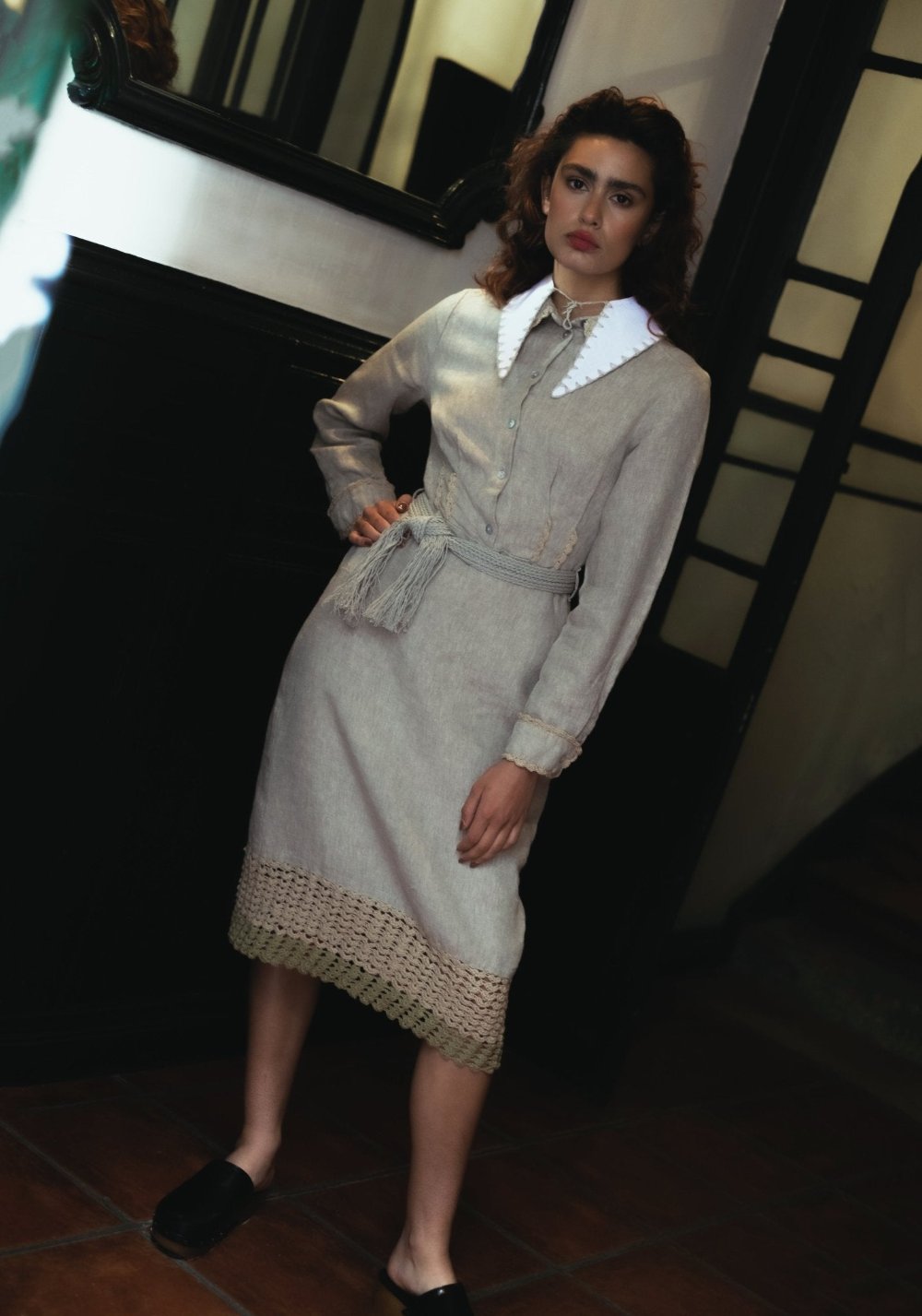 Shirt-Style Fitted Linen Dress - DINESA-1 - MajulaHandmade