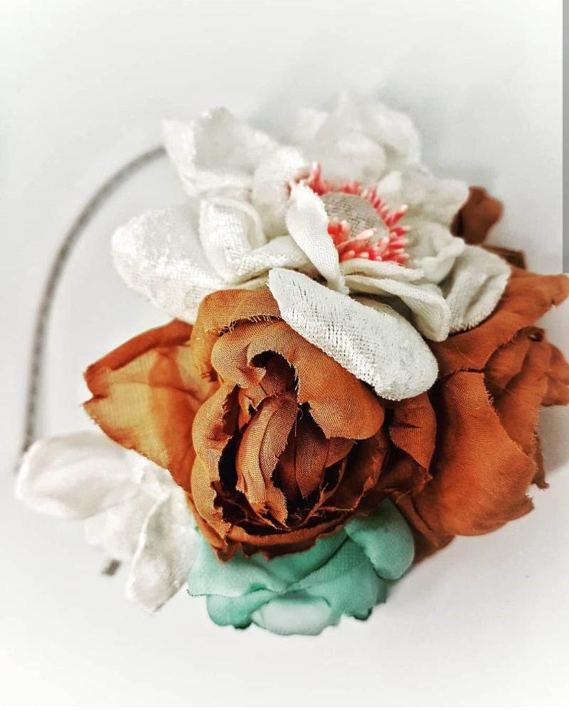 Silk and velvet flowers headpiece - COFFEE LOVERS-2 - MajulaHandmade