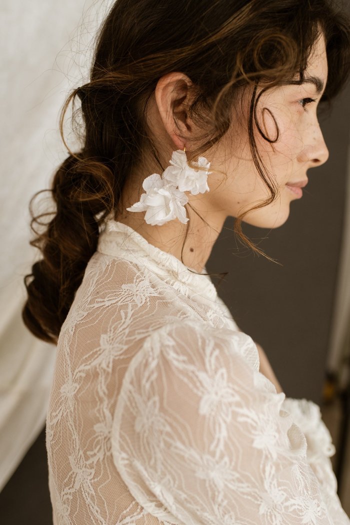 Silk satin and chiffon earrings -EVERBLOOMING GARDENIA-3 - MajulaHandmade