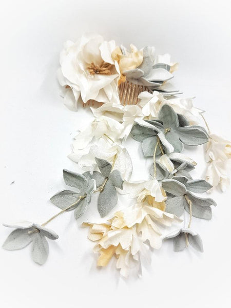 White and Light Gold Satin Silk Comb - MajulaHandmade