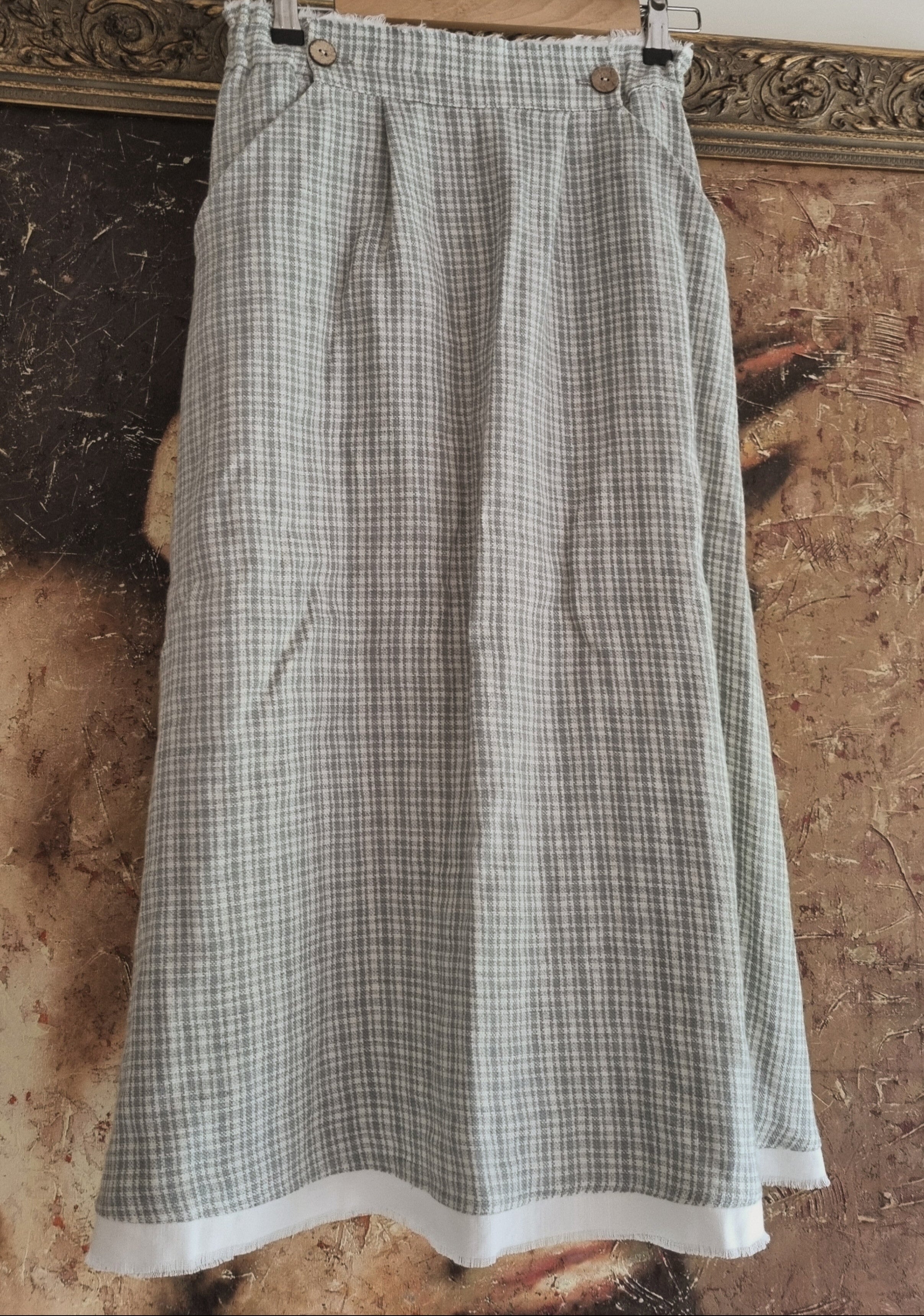 Classic Gingham Linen-Wool Midi Skirt