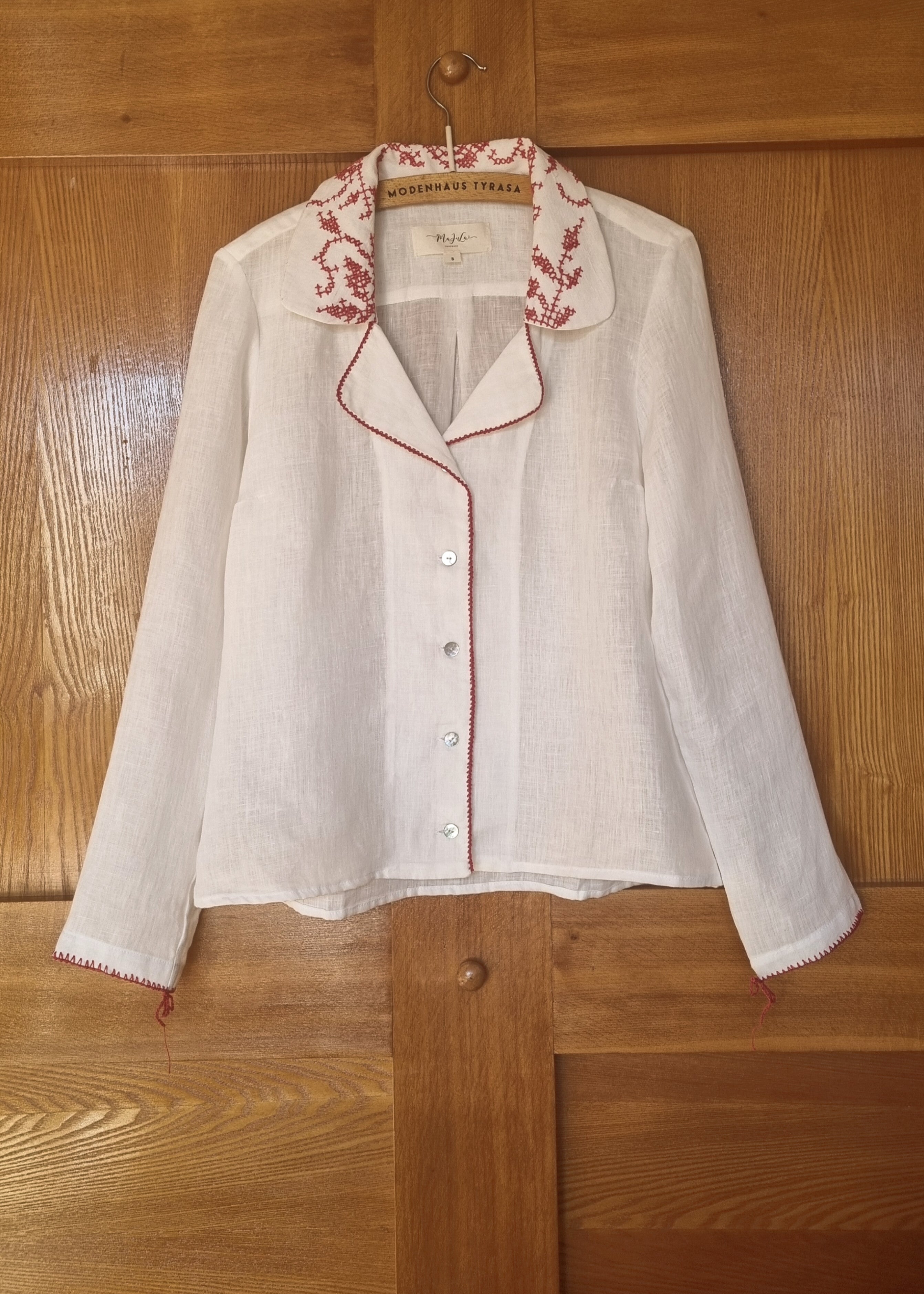 White Linen Shirt with Vintage Embroidered Collar