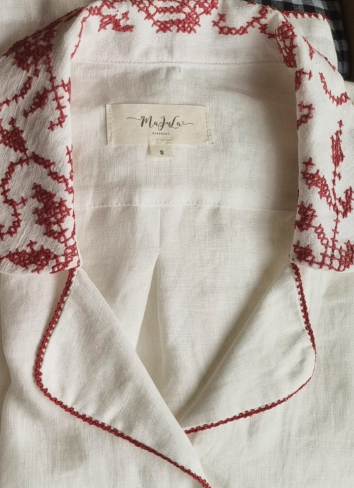 White Linen Shirt with Vintage Embroidered Collar