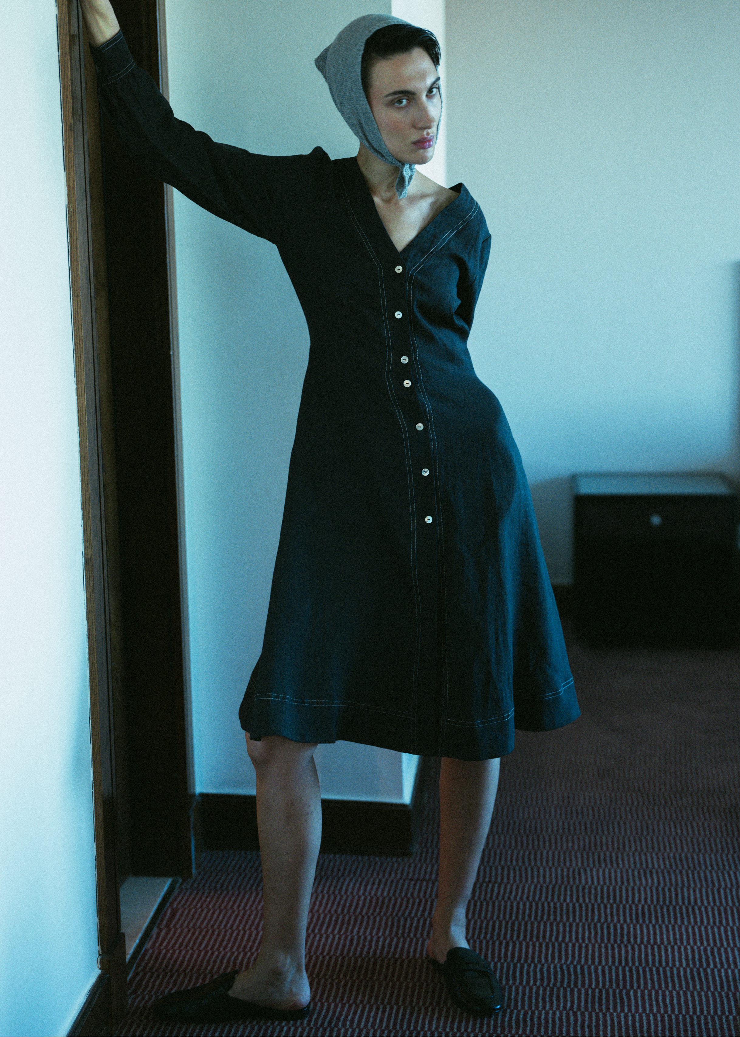 Linen Dress with Contrast Stitch Detail