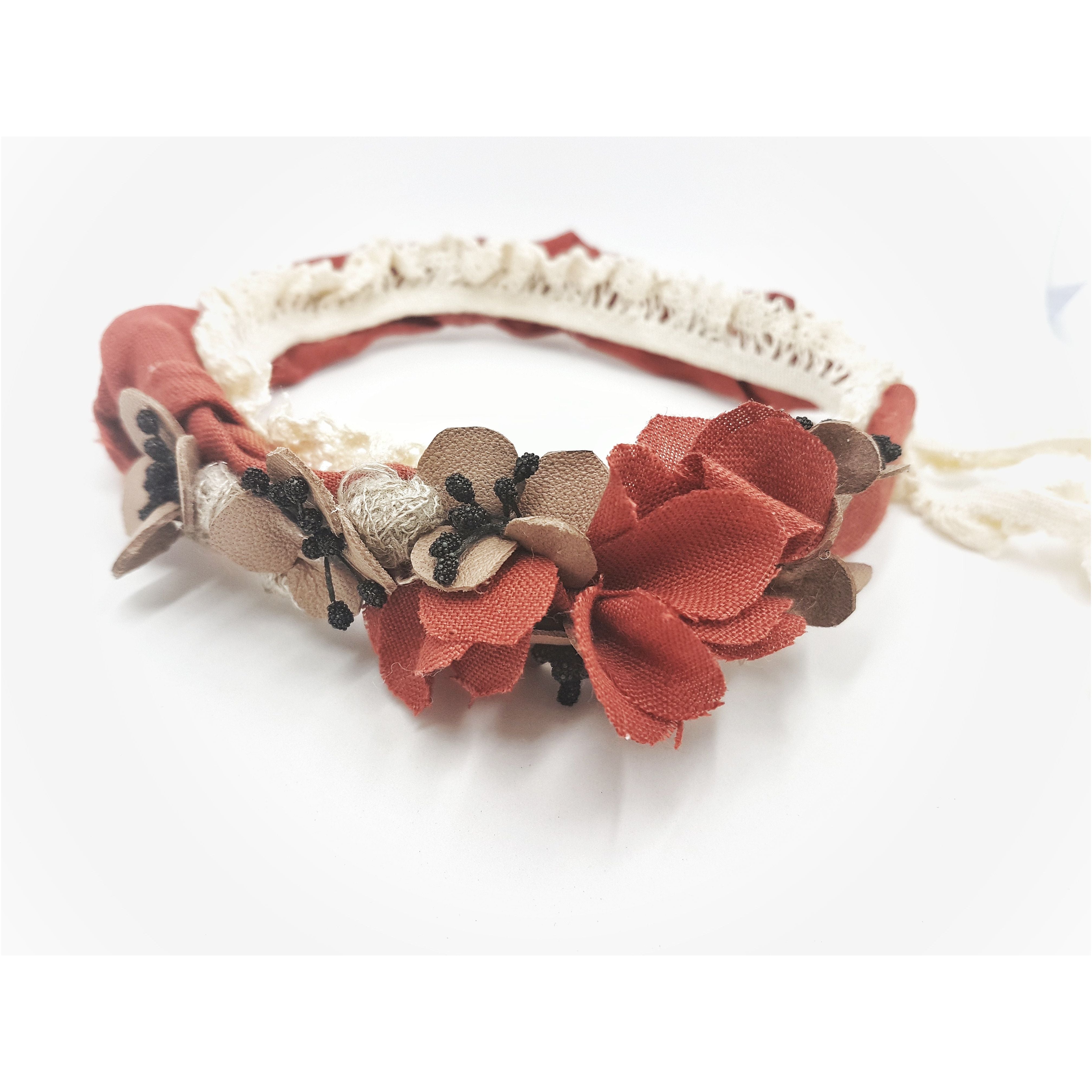 Linen and Leather Flower Headband - THE DEEP FOREST