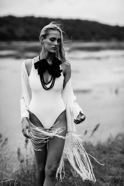 Black silk flowers necklace with Onyx and Tourmaline-majulahandmade