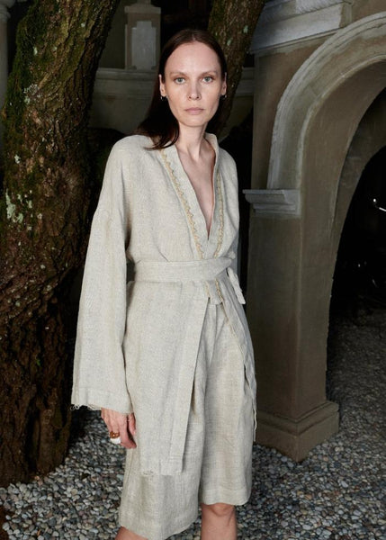 Linen kimono with hand crocheted details Majulahandmade