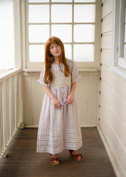 Long checkered linen dress with crocheted vest