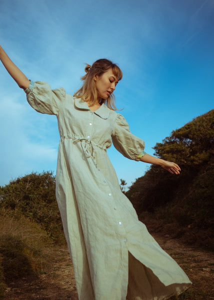Long linen pale moss dress - CLARABELLE - MajulaHandmade