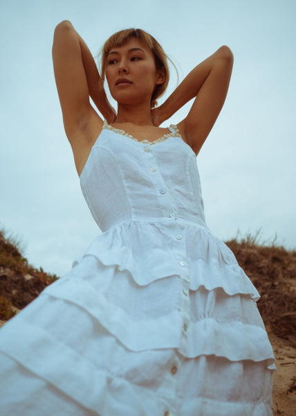 Romantic  White Linen Dress with Lace and Frills - DIVA- MajulaHandmade