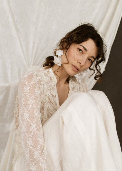 Silk satin and chiffon earrings -EVERBLOOMING GARDENIA - MajulaHandmade