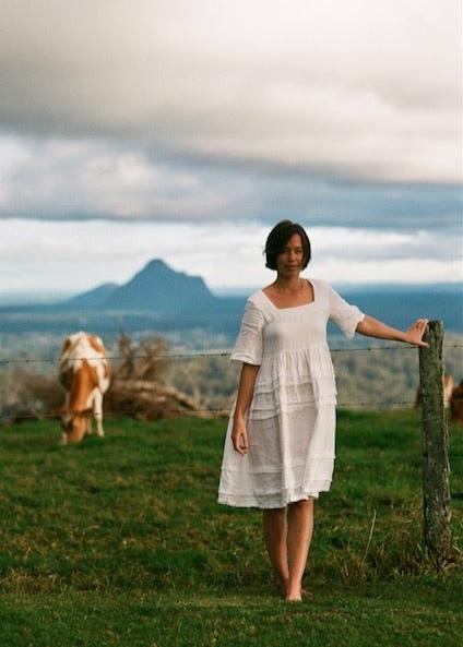 White voluminous skirt linen dress - ANGELA-1 - MajulaHandmade