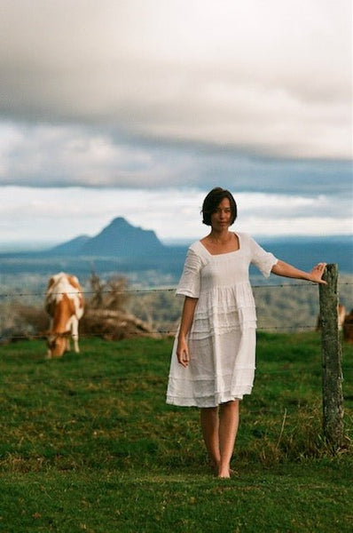 White voluminous skirt linen dress - ANGELA - MajulaHandmade
