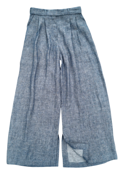 Wide leg linen wool trousers HERRINGBONE pattern- Majulahandmade