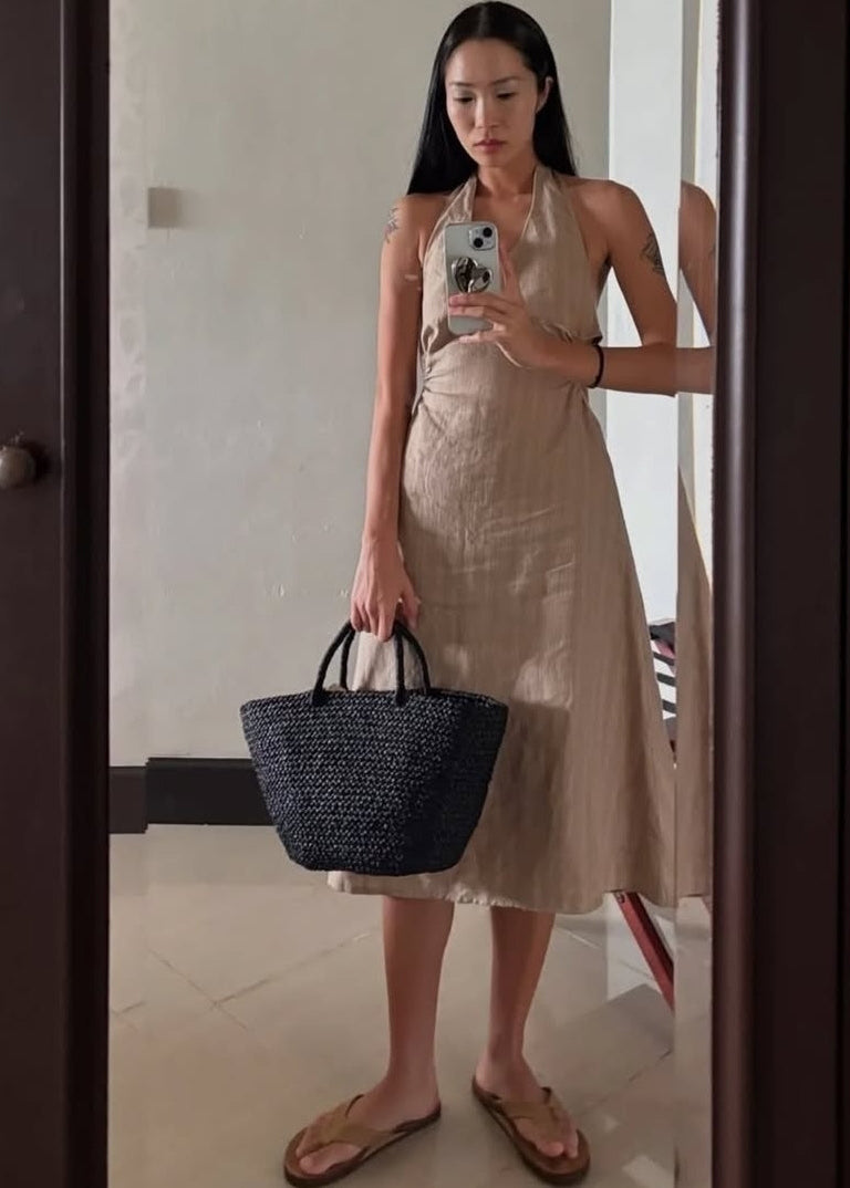 backless dress neutral linen