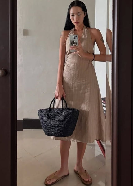 backless dress neutral linen