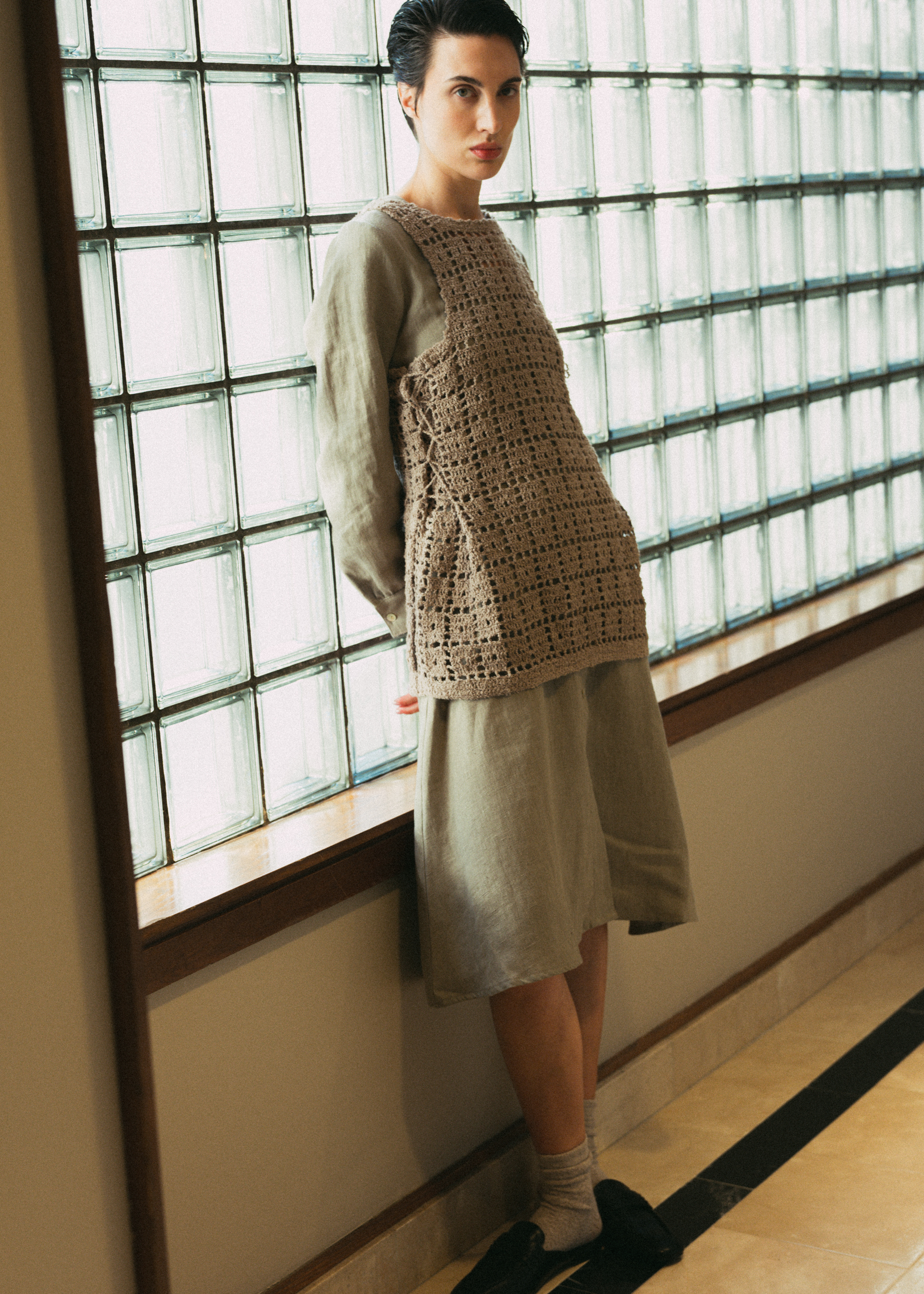 Linen Dress with Contrast Stitch Detail