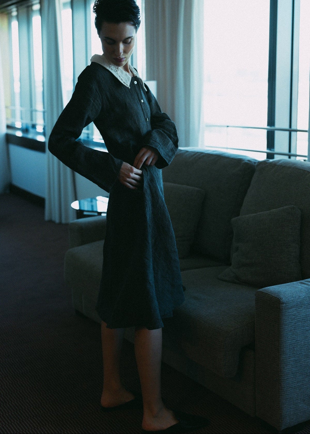 black linen striped dress with white collar