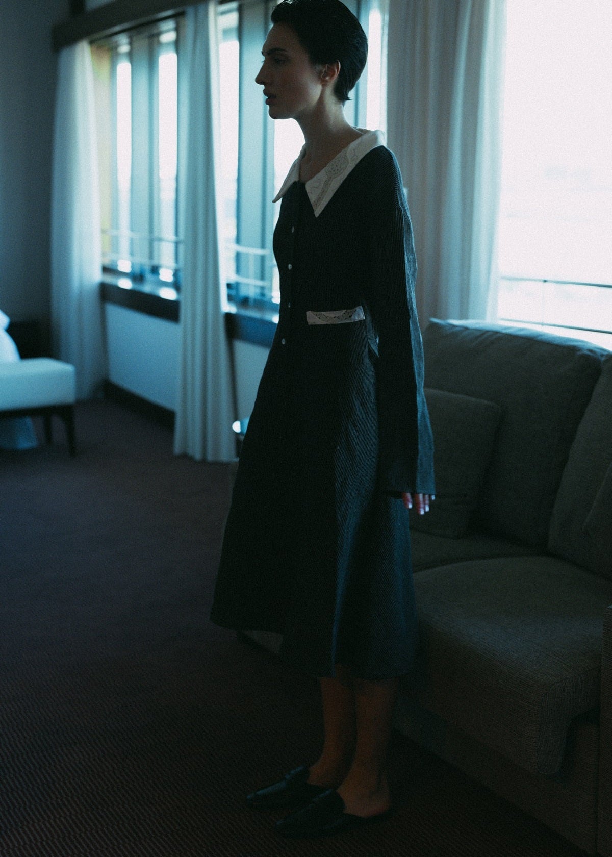 black line dress with white collar