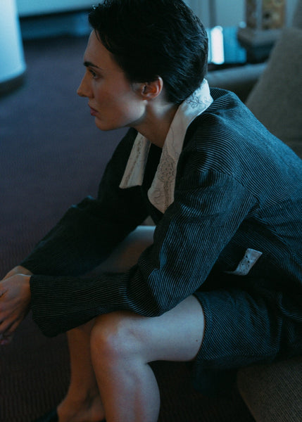 black linen striped dress with the lace collar