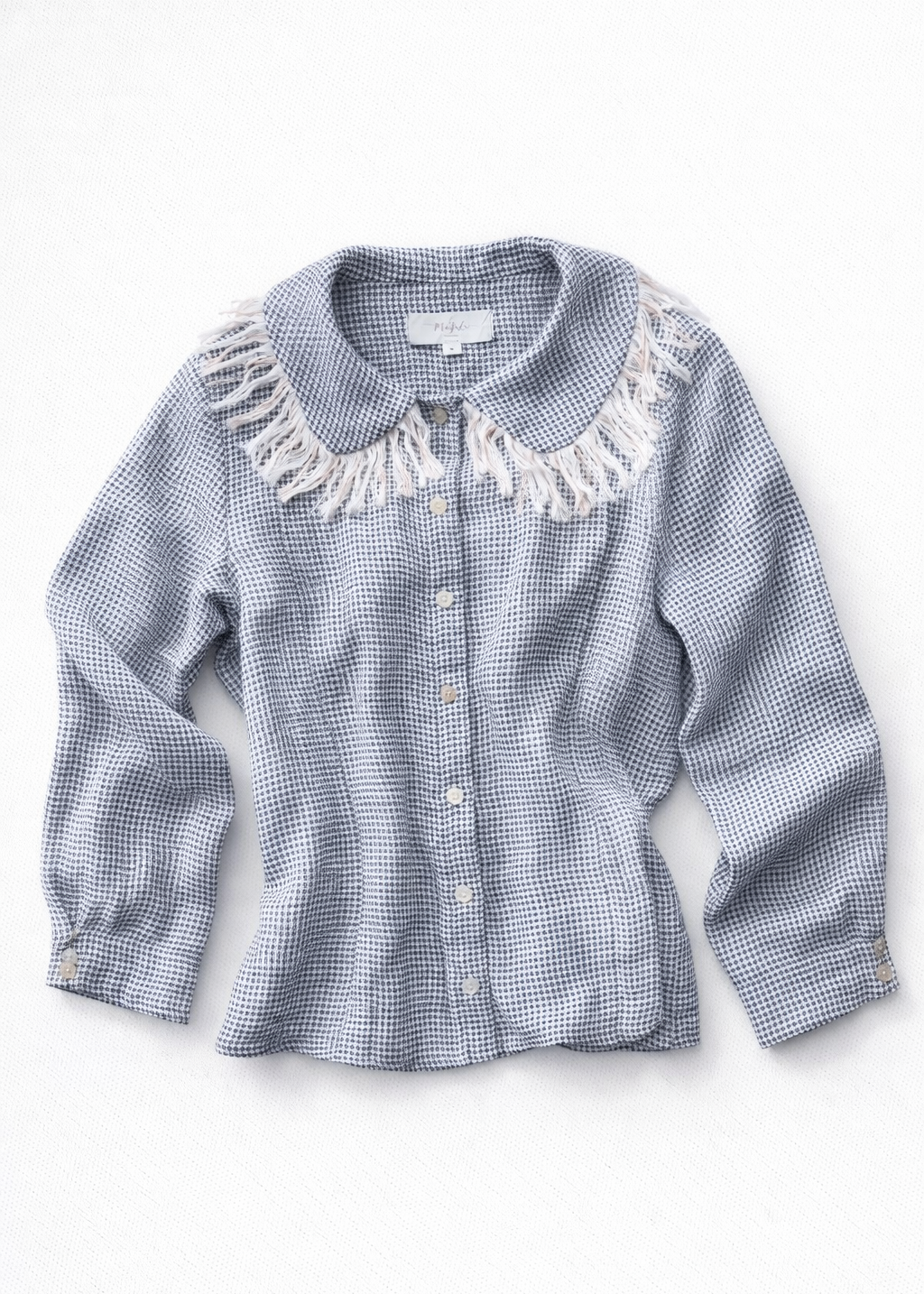 Blue checkered shirt with lace collar on a white background