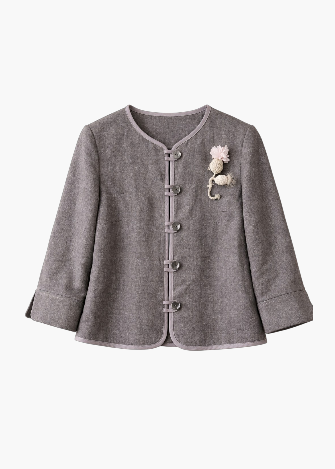 Gray jacket with decorative buttons and a flower pin on a white background