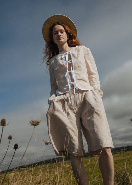 Linen blouse with crocheted back