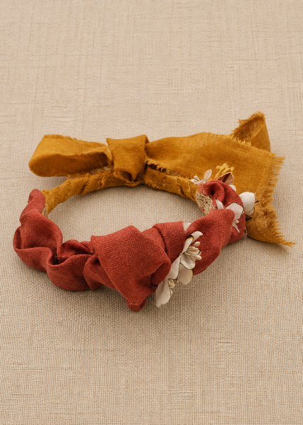 Wavy Linen Headband with Silk and Leather Flowers