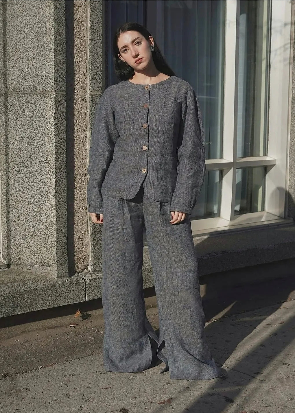 Wide leg linen wool trousers HERRINGBONE pattern