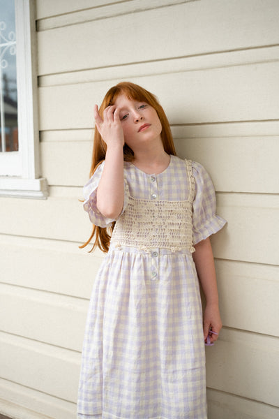 Long checkered linen dress with crocheted vest