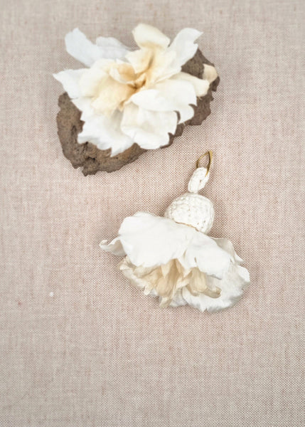 Pair of floral earrings on a textured beige fabric background