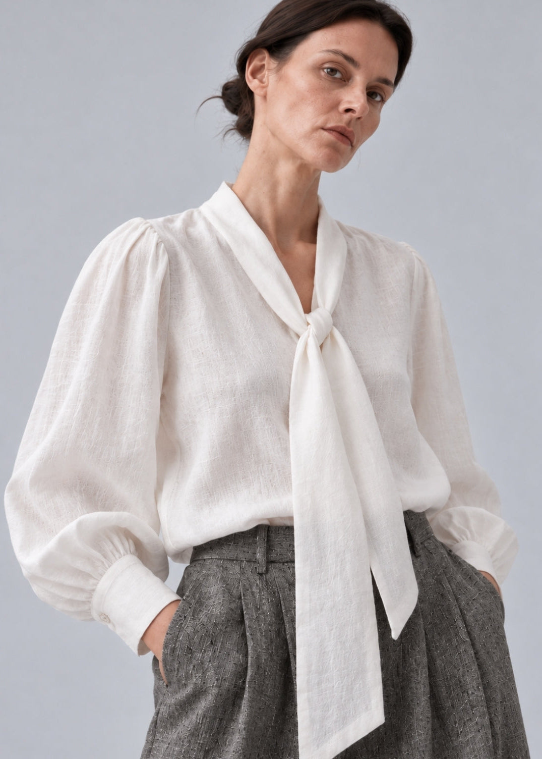 White Tie-Neck Linen Blouse