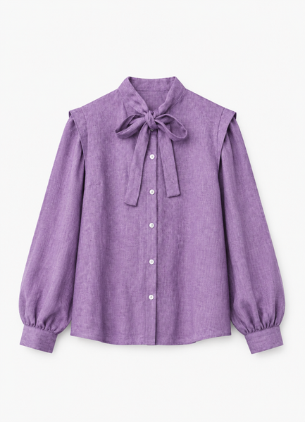 80's style linen woman blouse/FOLK LILAC