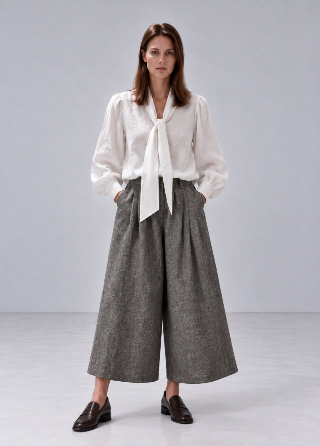 White Tie-Neck Linen Blouse